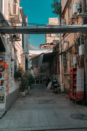 Charming Alleyway in a Vibrant and Lively Urban Landscape That Is Full of Life and Cultureの写真素材