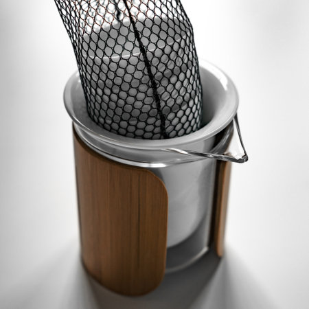 This Elegant Waste Bin features a sophisticated net bag along with beautiful wooden accentsの写真素材