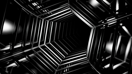 Experience a Futuristic Black Hexagonal Tunnel that features Stunning Reflective Surfaces. Design
