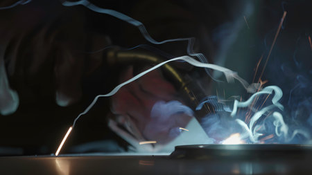 Welding Sparks Are Flying Fiercely in an Industrial Workshop Busy with Activities and Tasks. Stock...