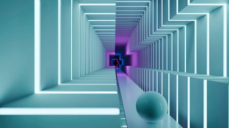 A lone individual navigates a neonlit maze with a focal sphere. Designの写真素材