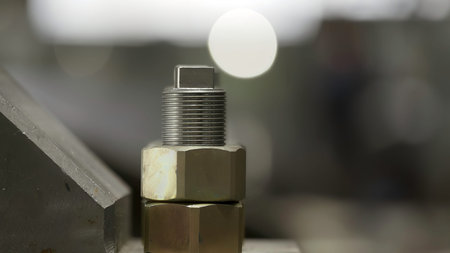 A Close up View of an Industrial Valve Component Surrounded by a Bokeh Background Effect. Stock Clip