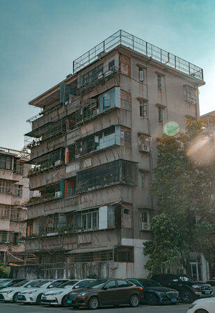 An urban apartment building with parked cars