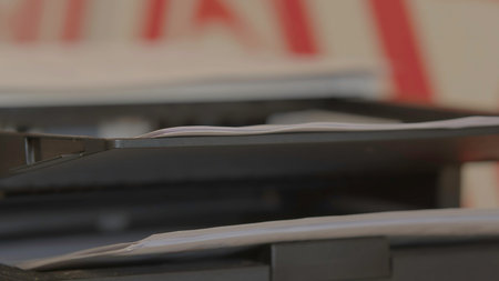 Documents Neatly Stacked on a Printer Shelf in an Organized Office Workspace Environment. Stock...