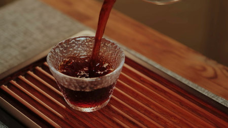 Pouring tea into a textured glass cup creates a calm atmosphere and showcases handcrafted luxury. Mediaの写真素材