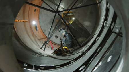 A dedicated worker performs tasks inside an industrial tank, focusing on safety and efficiency.の写真素材