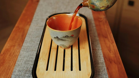 An Elegant Ceramic Teacup beautifully placed on a Wooden Tray alongside a Teapot. Media