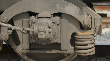 A Detailed Close Up Examination of the Train Wheel Assembly and Complex Suspension System. Stock Footageの写真素材