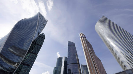 Moscow international business center evolution during a sunny summer day. Actionの写真素材