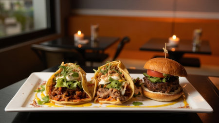 Delicious tacos and burger served on white plate in cozy restaurant settingの素材