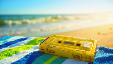 Yellow cassette tape lying on beach towel at sunsetの素材
