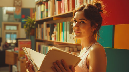 Young woman reading a book in a colorful library, enjoying literature and cultureの素材