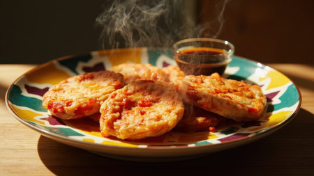 Steaming mini pizzas with dipping sauce on colorful plateの素材