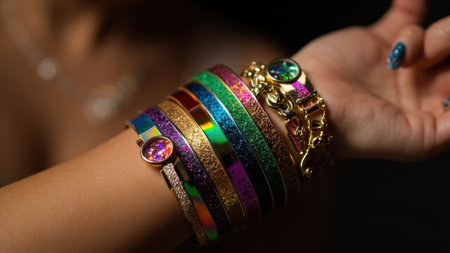 Woman showcasing many colorful bracelets and gold chain braceletの素材