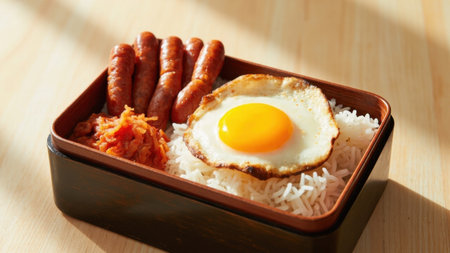 Bento box containing rice, sausages, kimchi and fried egg on wooden tableの素材