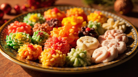 Colorful spritz cookies arranged on a plate for christmas celebrationの素材