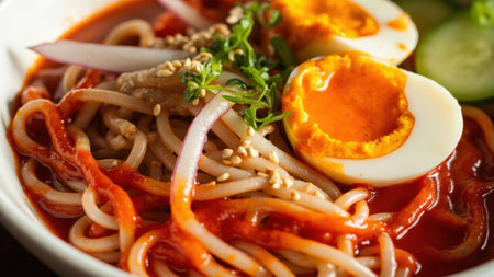 Spicy noodles dish featuring boiled egg and fresh herbsの素材