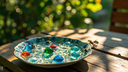 Bees drinking water from a plate with marbles in a gardenの素材