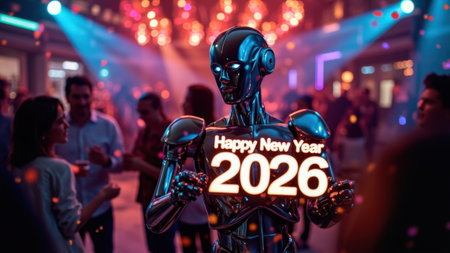Robot wishing happy new year 2026 in crowded partyの素材