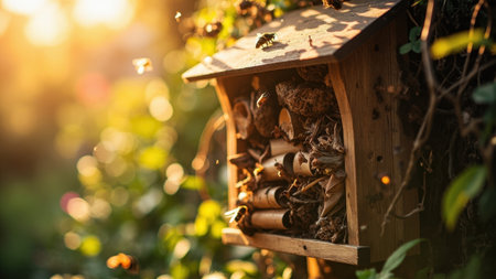 Bees flying around bug hotel at sunset in lush gardenの素材