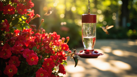 Hummingbirds feeding from bird feeder in lush garden at sunsetの素材