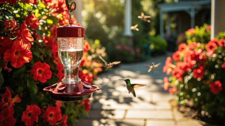 Hummingbirds flying around a bird feeder in a blooming gardenの素材