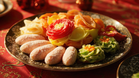 Colorful oriental sweets arranged on a plate, creating a delightful culinary sceneの素材