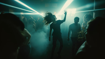 Young woman dancing with long hair at a concert with laser lights and smokeの素材