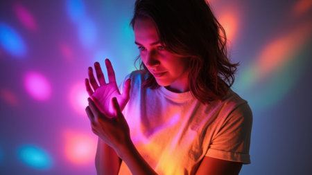 Young woman holding light and exploring colorful bokeh backgroundの素材