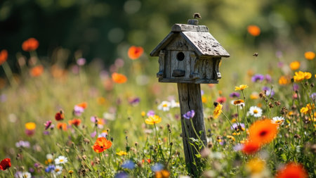 Birdhouse standing in colorful wildflower meadow with bees flying aroundの素材