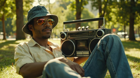 Stylish man enjoying music with retro boombox in parkの素材