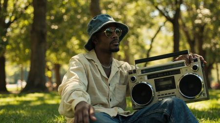 Stylish man enjoying music with boombox in parkの素材