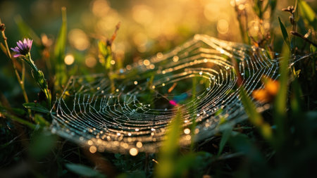 Dewy spiderweb glistening in golden morning sunlightの素材