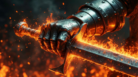Knight holds flaming sword with ancient runes in fiery sceneの素材