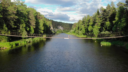 Woman walks on rope bridge over river in forest