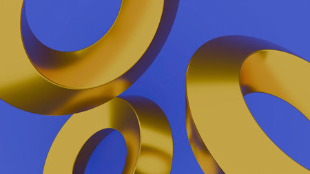 Abstract golden rings rotating on blue background