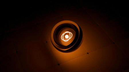 Luminous atomic energy sphere spinning on a grid floorの写真素材