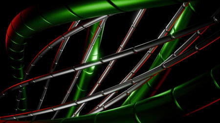 Abstract green and metal tubes moving togetherの写真素材