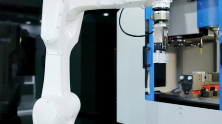 Robotic arm performing repetitive tasks in industrial setting. Mediaの写真素材