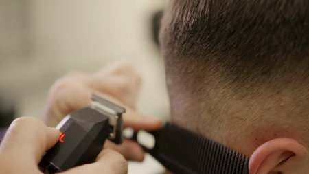 Barber giving a client a haircut with a clipper and comb. Clipの写真素材