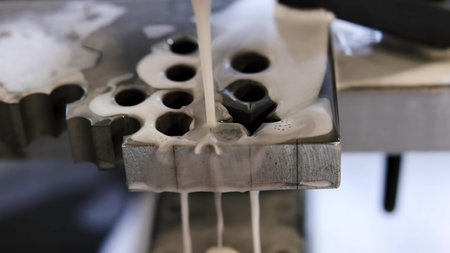 Industrial laser cutting metal, generating sparks and molten metal.