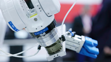Robotic arm picking and placing metal grid in modern factory. Media