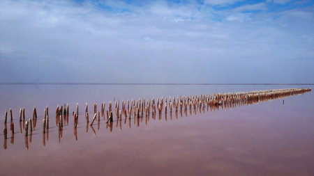 Wooden posts reflecting in pink salt lake. Mediaの写真素材