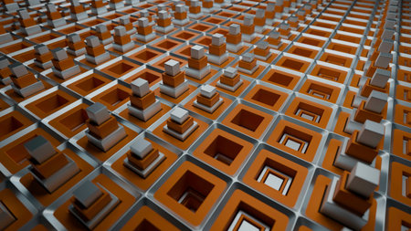 Abstract geometric grid with orange and metal squares animationの写真素材