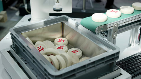 Robotic arm moving mahjong tiles onto conveyor belt. Media