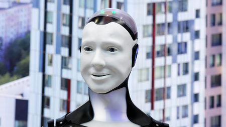 Humanoid robot showing different facial expressions. Media