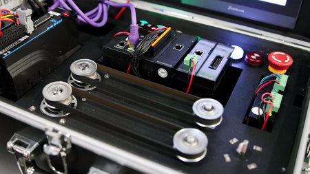 Electronic device with conveyor belt and screen changing colors. Media
