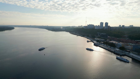 Passenger ferry moving on dnipro river at sunrise near samara city. Clipの写真素材