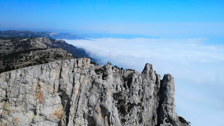 Aerial view flying over ai petri mountain in crimea.の写真素材