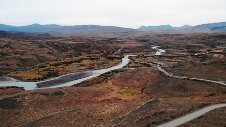 Aerial view of meandering river.の写真素材